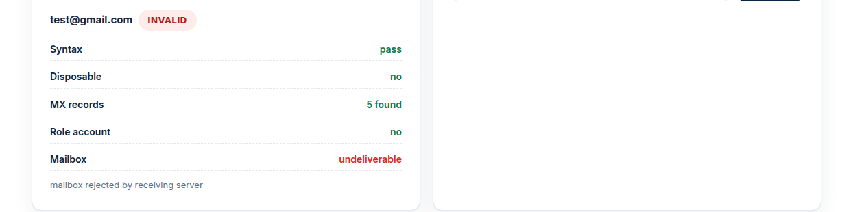 Email Verify Live verification result